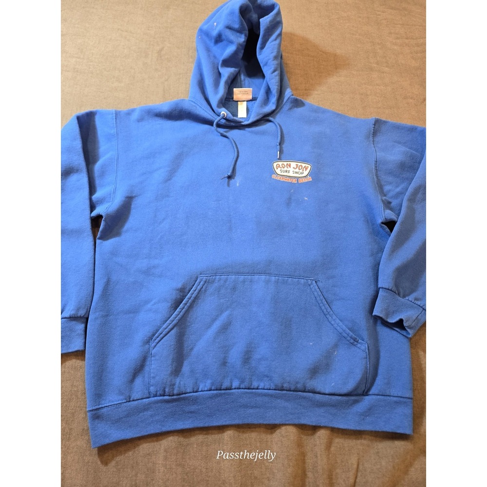 VTG Ron Jon Surf Shop Men Latge Blue Hoodie Sweatshirt Pullover Logo Grunge
